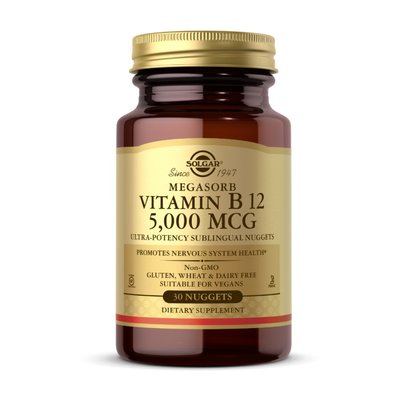 Вітамін В12 5000 мкг Мегасорб (Vitamin B12 Megasorb), Solgar, 30 нагетсів 18717-01 фото