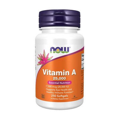 Вітамін A (Vitamin A) 25000 МО, Now Foods, 250 м'яких капсул 18173-01 фото