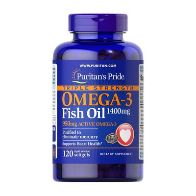 Омега 3 Риб'ячий жир (Triple Strength Omega-3 Fish Oil 1400 mg (950 mg active), Puritan's Pride, 120 м'яких капсул 10396-01 фото