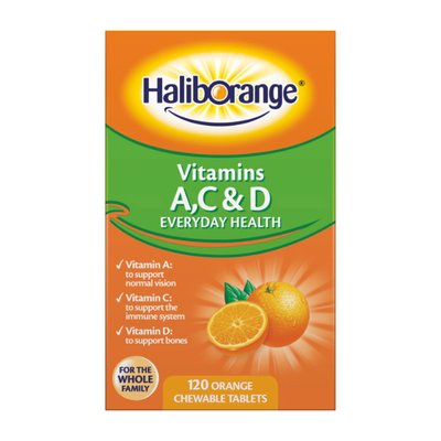 Вітаміни А, С і D для всієї родини (Vitamins A,C & D), Haliborange, 120 жувальних табл., Помаранчевий 21614-01 фото