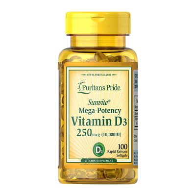 Вітамін Д3 (Vitamin D3) 250 мкг, 10000 МО, Puritan's Pride, 100 м'яких капсул 08809-01 фото