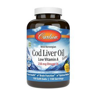 Жирні кислоти (Cod Liver Oil Gems Low Vitamin A) 230 мг, Carlson Labs, 150 м'яких капсул, Лимон